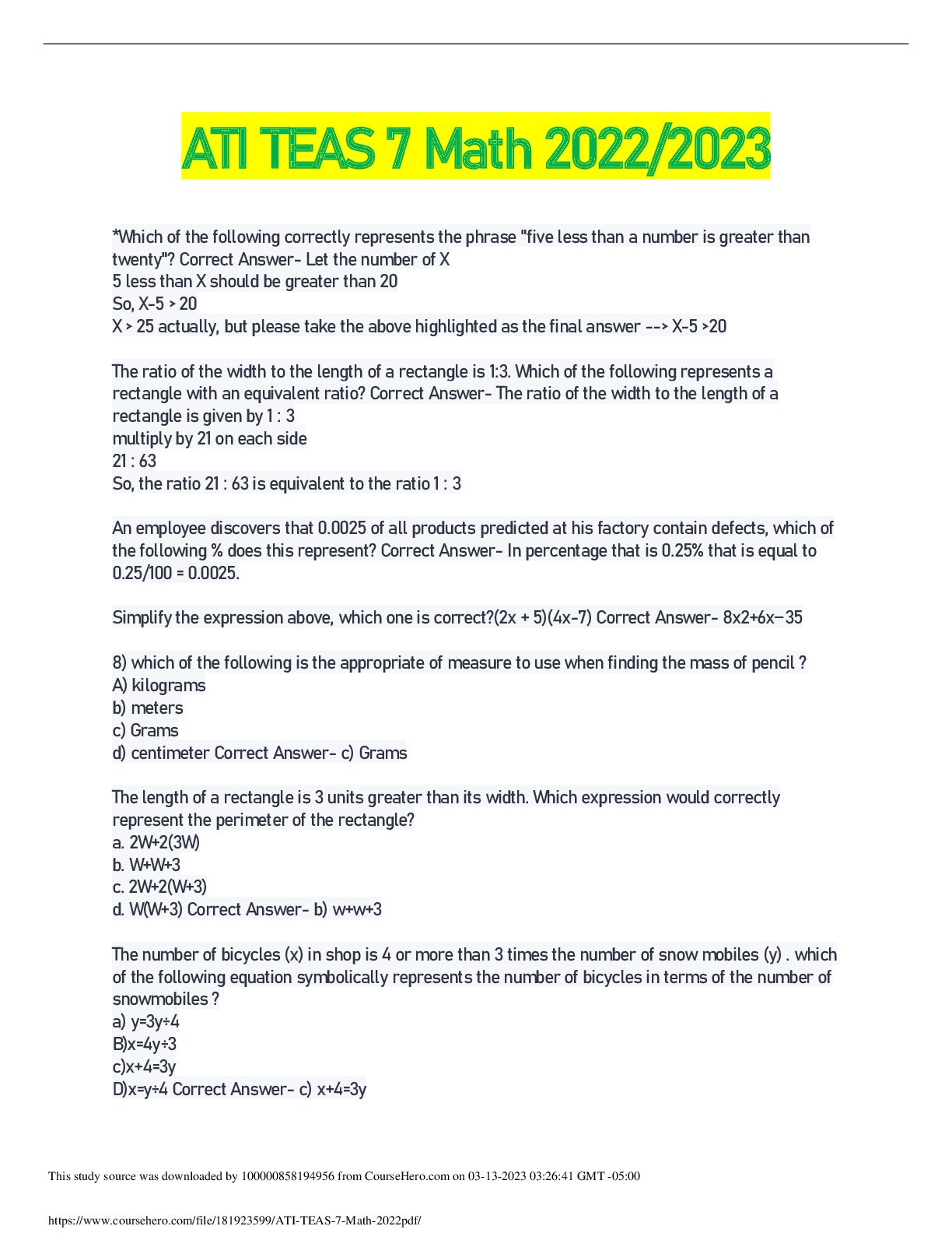 Preview image for ATI TEAS 7 Math 20222023 VSN 2